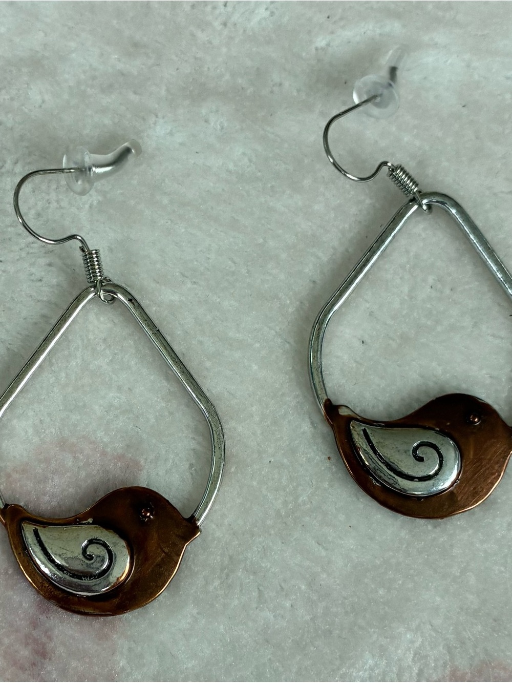 Two-Tone Bird Drop Earrings in Silver and Brown